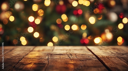 Warm wooden table foreground with glowing festive bokeh lights creating a magical Christmas holiday atmosphere perfect for product placement