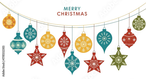 Merry christmas greeting with colorful hanging ornaments and stars on white background