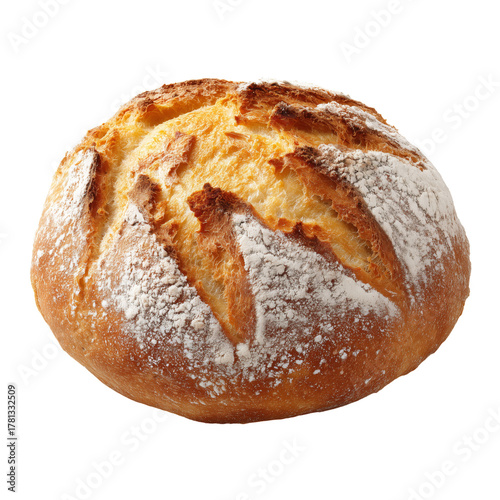 Freshly Baked Round Loaf of Bread With Golden Crust and White Flour Dusting.