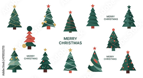 Collection of stylized flat design merry christmas trees with stars and ornaments on a white background
