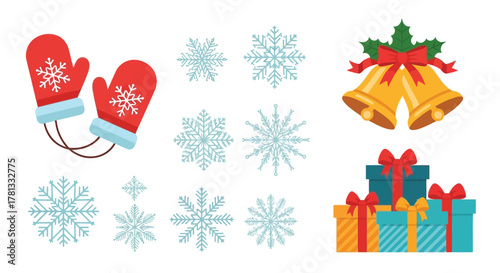 Festive winter holiday icons including snowflakes mittens bells and gift boxes