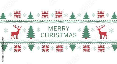 Festive pixelated merry christmas design with reindeer and snowflakes in red and green