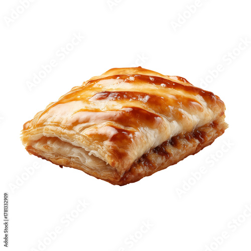 Flaky Pastry Topped With Golden Glaze on a White Background.