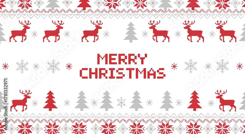 Merry christmas pixel art design with repeating reindeer snowflake and tree patterns in red and grey