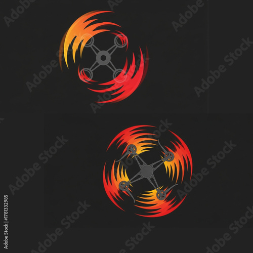 Dynamic drone icon with vibrant flame trail, modern aerial technology symbol, perfect for innovative brand identity and cutting edge logo design, high tech feel
