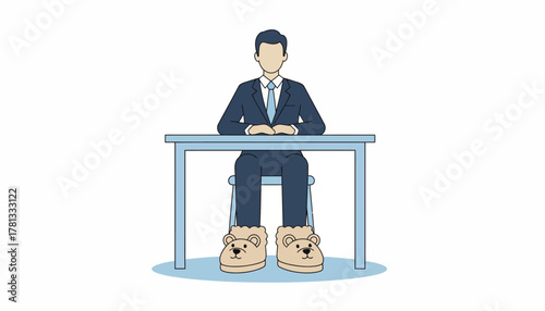 An interviewee dressed in professional attire but wearing comfortable slippers beneath their desk during a video call.