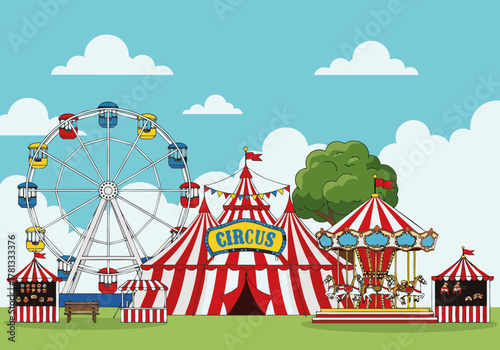 Vibrant illustration of a lively circus with a Ferris wheel, carousel, and tents under a blue sky with clouds