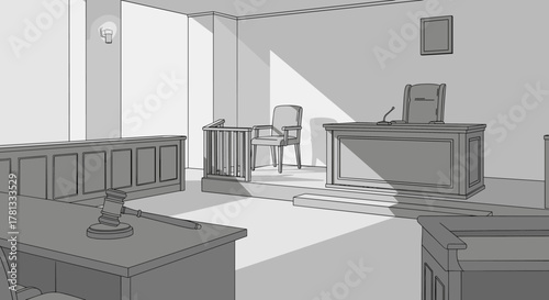 Black and white sketch of an empty courtroom with a judge's bench, witness stand, and gavel highlighting the justice system theme.