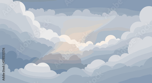 Abstract composition of layered clouds in varying shades of blue and gray, creating a serene and harmonious visual effect.