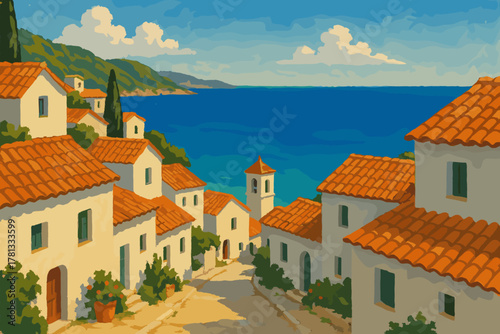 Picturesque coastal village with white-washed houses and red-tiled roofs overlooking the blue sea and lush green hills under a clear sky.
