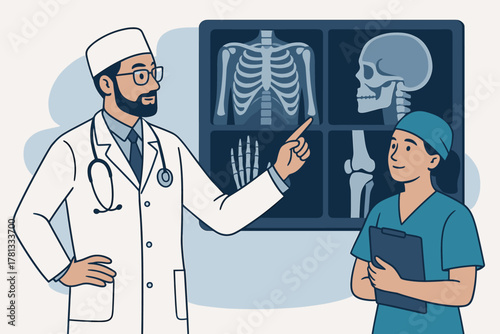 Male caucasian doctor in a white coat explains x-ray images to a female nurse in blue scrubs, showcasing teamwork in a medical setting.