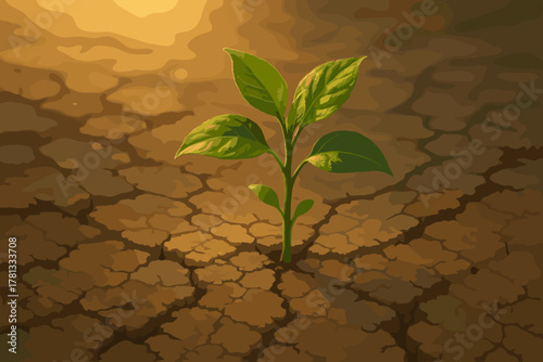 A vibrant green plant sprout emerges from cracked, dry earth, symbolizing hope and resilience in arid conditions.
