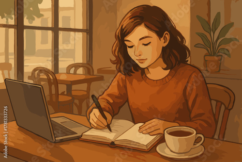 Young caucasian female writing in a notebook while sitting in a cozy cafe with a laptop and cup of coffee on the table.