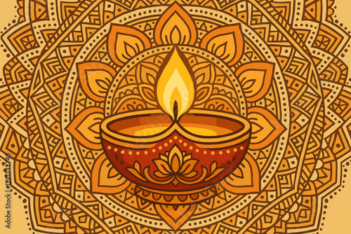 Intricate mandala design showcasing a central decorative diya lamp with a glowing flame, surrounded by detailed geometric patterns in warm orange and brown hues.