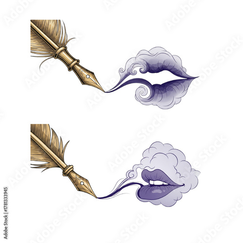 Expressive writing: A creative quill pen draws emotive lips with artistic flair, showcasing beauty, style, and the power of words for captivating designs