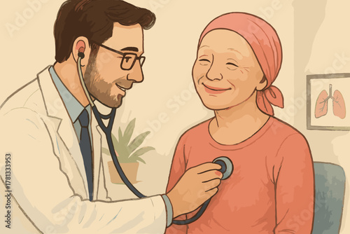 Smiling elderly caucasian female patient with a headscarf receives attentive care from a young male doctor using a stethoscope during a medical examination.