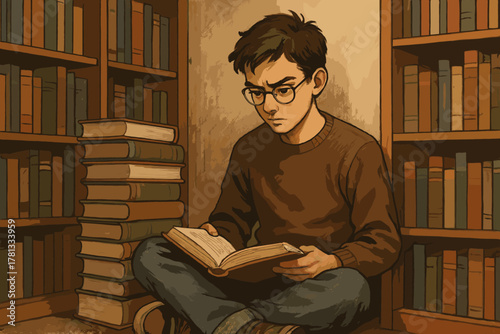 Young caucasian male with glasses reading a book, seated cross-legged on the floor in a cozy library surrounded by stacks of books.