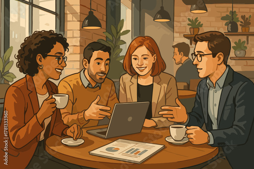 Diverse group of young adults discussing work around a laptop in a cozy café setting, featuring two females and two males with coffee cups.