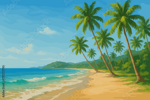 Lush green palm trees line a pristine sandy beach with clear blue skies and turquoise ocean waves gently lapping the shore.