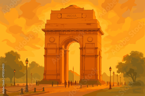 Majestic view of the india gate monument at sunset, with an orange sky and people strolling around the iconic structure.
