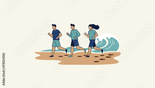 A group of friends jogs energetically on a beach with waves crashing in the background and footprints trailing behind in the wet sand.