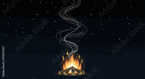 Glowing campfire under a starry night sky with swirling smoke rising into the atmosphere.
