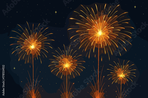 A vibrant display of golden fireworks exploding in the night sky with starry background, creating a festive and celebratory atmosphere.