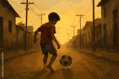 Young boy plays soccer with a ball on a dirt street at sunset, surrounded by rustic buildings and power lines.