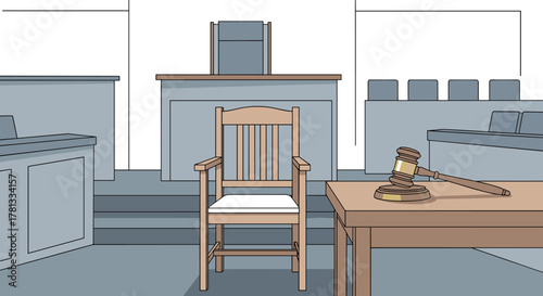 Wooden judge's chair and gavel on a table in an empty courtroom, symbolizing justice and law.