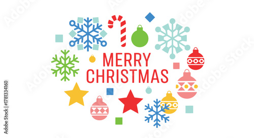 Colorful merry christmas greeting with snowflakes ornaments candy cane and stars on white background