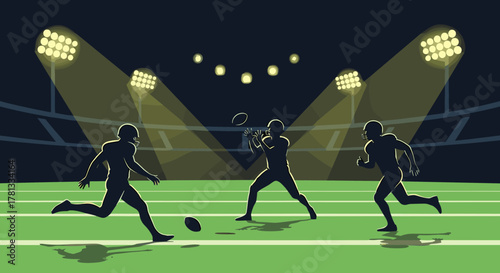Three silhouetted male athletes in a stadium engage in an intense game of american football under bright stadium lights.
