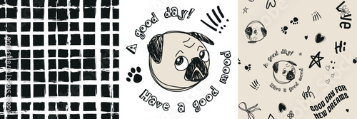 A set of patterns and prints with a pug and inscriptions for teenage girls for textiles and design. Vector illustration