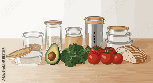Various glass and metal containers filled with grains, vegetables like avocados and tomatoes, leafy greens, and sliced bread on a wooden surface.