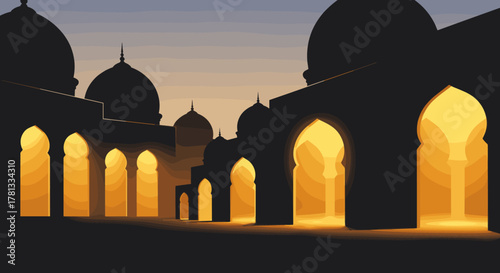 Silhouettes of traditional domes and archways with warm golden lights illuminating an ornate architectural structure.