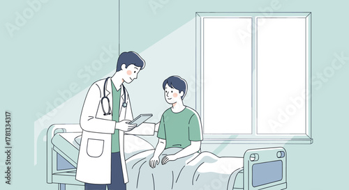 Male doctor in a white coat consulting a young male patient sitting on a hospital bed in a bright room.