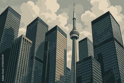 Towering city buildings surround a sleek telecommunications tower, stretching towards a cloudy sky, in an urban cityscape illustration.