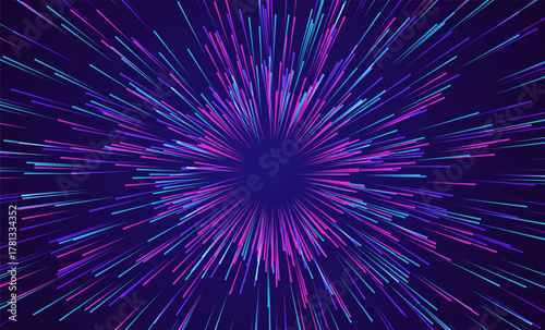 Speed lines burst from center, glowing neon blue and purple streaks zoom out with dynamic motion acceleration effect. Futuristic warp tunnel abstract perspective background.