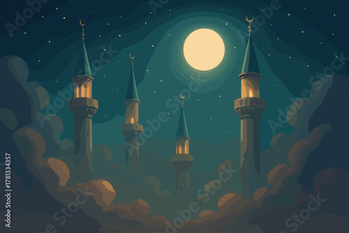Four tall, pointed towers rise above a clouded landscape under a starry night sky with a bright full moon casting light on their intricate details.