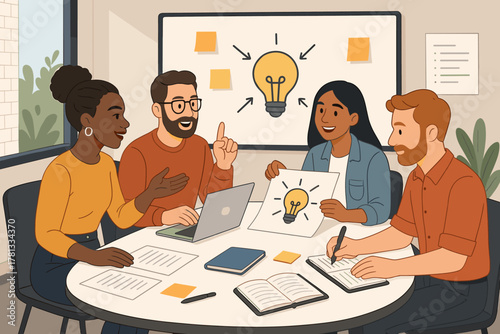 Group of diverse young adults collaborating at a modern office table with laptops and notes, brainstorming ideas symbolized by a large light bulb illustration.