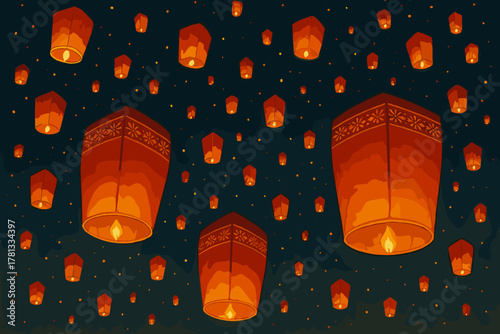 A sky filled with numerous glowing red-orange lanterns, each emitting a warm light, floats gently against a starry night backdrop.