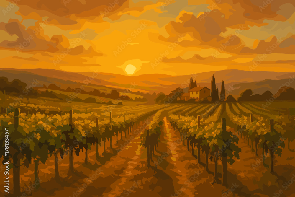 Naklejka premium A picturesque vineyard at sunset with rows of grapevines stretching towards a distant farmhouse, set against a vibrant orange sky.