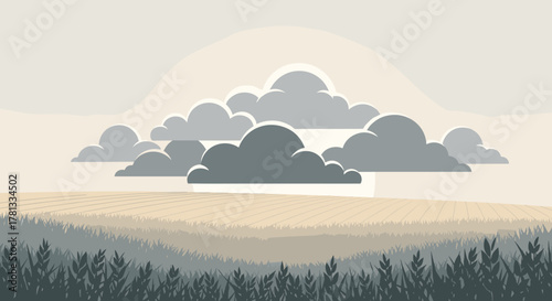 Flat minimalist landscape depicting rolling fields and distant mountains under a sky filled with clustered geometric clouds.