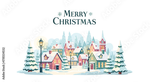 Charming snowy village with colorful houses and trees illuminated by streetlights wishing merry christmas