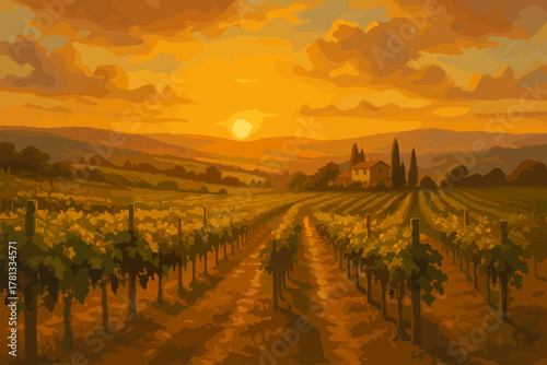A picturesque vineyard at sunset with rows of grapevines stretching towards a distant farmhouse, set against a vibrant orange sky.