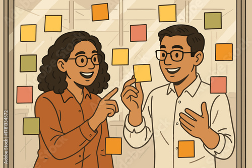 Two young adults, a caucasian female and a hispanic male, engage in a collaborative brainstorming session with colorful sticky notes on a glass wall.