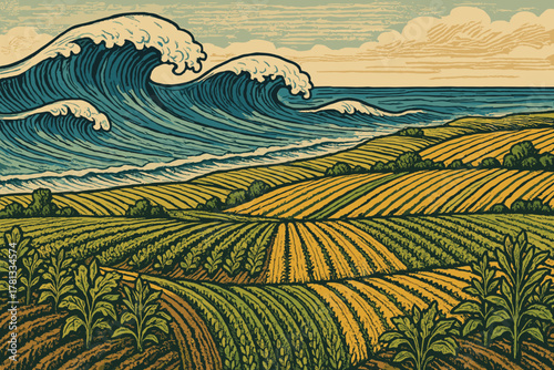 Large waves crashing against a serene coastal landscape with lush, green fields and rolling hills under a partly cloudy sky.