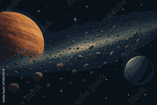 A colorful asteroid belt stretches through space, surrounded by distant stars, with a large orange planet on the left and a smaller blue planet on the right.