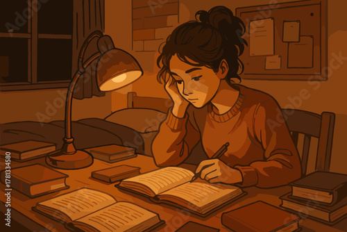 Young asian female concentrating on studying at a desk with a lamp, surrounded by books in a warm, dimly lit room.