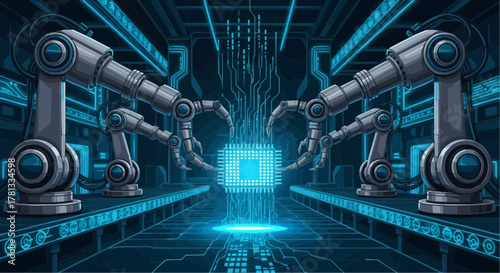 Robotic arms assembling a microchip with blue neon lights in a futuristic factory setting scene