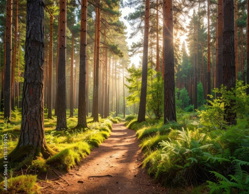 Obraz premium Path winds through a sunlit forest, tall trees, dappled light, lush greenery